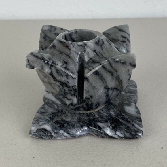 Vintage Carved Gray Black Marble Flower Candlestick Taper Candle Holder